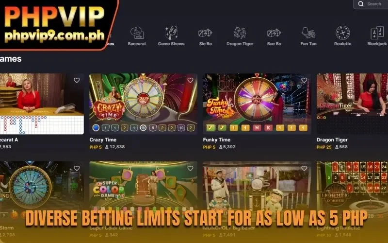 Diverse betting limits start for as low as 5 PHP