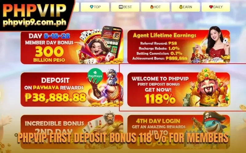 PHPVIP first deposit bonus 118 % for members